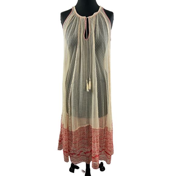 VTG FREE PEOPLE Beige Red Sheer Maxi Dress Tie Sleeveless Polka Dot Size S Small - Picture 1 of 7